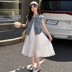 批发2026夏装新款中大童牛仔马甲套装女童吊带连衣裙两件套