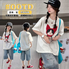 批发2026夏装新款<b class='q'>女童</b>短<b class='q'>袖</b>T套装中大童印花<b class='q'>牛仔</b>裤套装