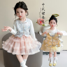 批发春装新款女小童马甲裙子套装新中式套裙