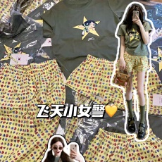 批发定制军绿色可爱飞天小女警T恤短休闲长裤三件套