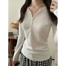 批发实拍实价 夏季韩版通勤气质温柔<b class='q'>修身</b>显瘦百搭纽扣设计长袖T恤上衣