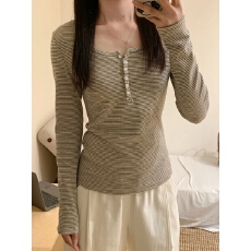 批发实拍实价 夏季韩版通勤百搭气质<b class='q'>修身</b>撞色条纹圆领正肩长袖T恤上衣