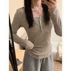 批发实拍实价 夏季韩版通勤百搭简约<b class='q'>修身</b>撞色条纹亨利领长袖 T 恤上衣