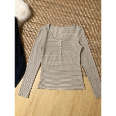 批发实拍实价 韩版通勤复古撞色条纹亨利领<b class='q'>修身</b>显瘦简约长袖 T 恤上衣