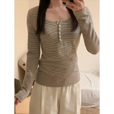 批发实拍实价 夏季韩版通勤百搭撞色条纹圆领<b class='q'>修身</b>显瘦正肩长袖T恤上衣