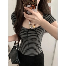 夏季韩版设计感方领条纹系带修身上衣 纯欲风短袖 T 恤