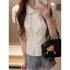 批发夏季<b class='q'>韩版</b>温柔减龄娃娃领衬衫 泡泡袖双排扣收腰压褶显瘦短袖上衣