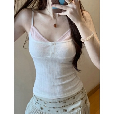批发夏季韩版纯欲V领假两件撞色花边设计收腰显瘦气质<b class='q'>百搭</b>吊带背心女
