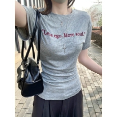 批发夏季韩版休闲基础款圆领字母印花减龄显瘦气质百搭短袖 T 恤上衣