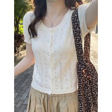 批发夏季韩版提花镂空设计圆领单排扣针织衫气质<b class='q'>甜美</b>减龄短袖针织上衣
