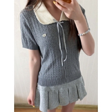 批发夏季韩版学院风娃娃领<b class='q'>甜美</b>减龄温柔百搭修身显瘦短袖纽扣针织上衣