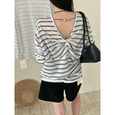 批发韩系条纹露背设计感防晒长袖T恤女夏季慵懒风宽松百搭圆领上衣ins