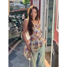 不规则收腰花色抹胸吊带背心女夏季小众设计感无袖上衣