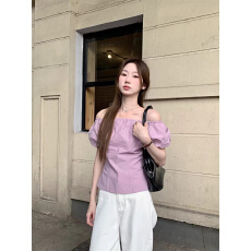 批发韩系温柔紫色一字肩泡泡袖衬衫女春季显瘦短款上衣