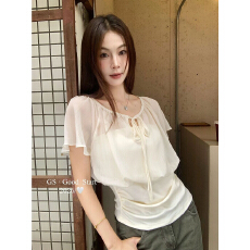 批发法式气质温柔假两件网纱系带设计<b class='q'>短袖</b><b class='q'>T</b><b class='q'>恤</b>女夏荷叶袖小衫收腰上衣