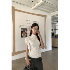 批发<b class='q'>韩</b>系荷叶边短袖T恤女夏季新款半高领修身显瘦百搭飘带小衫上衣