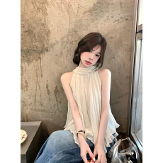 批发韩系少女风挂脖领<b class='q'>无袖</b>衬衫背心氛围感露肩飘带上衣