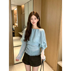 批发温柔风蕾丝拼接斗篷网纱长袖T恤女装秋季<b class='q'>新款</b>绝美百搭设计感上衣