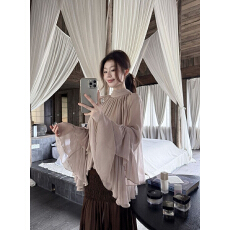 高级抽褶小衫秋女喇叭袖双层荷叶边精致小高领上衣外穿秋季女装款