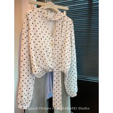 批发miu风法式v领波点长袖衬衫女春款<b class='q'>收腰</b>显瘦<b class='q'>雪纺衫</b>辣妹挂脖飘带上衣