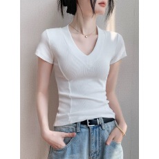 批发V领正肩短袖<b class='q'>T</b><b class='q'>恤</b>女2026夏季新款<b class='q'>修身</b>性感收腰<b class='q'>衬衫</b>韩版显瘦针织上衣