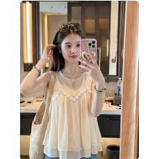 批发2026夏季法式甜美风蕾丝拼接无袖背心女设计感气质仙女风上衣