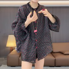 批发老钱风拼接波点印花圆领衬衫女春<b class='q'>夏</b>新款大码气质感百搭上衣