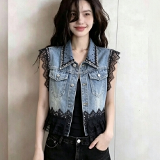批发重工蕾丝拼接<b class='q'>牛仔</b>马甲女春夏新款无袖坎肩背心外套洋气显瘦上衣