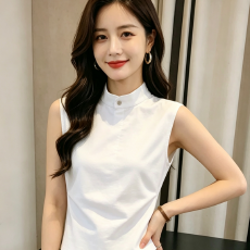 批发立领无袖白<b class='q'>衬衫</b>女夏季新款通勤气质收腰雪纺上衣高级感<b class='q'>职业</b>打底衫