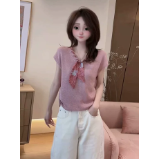 批发粉色丝巾系带v领短袖针织衫女款2026新款夏薄款上衣