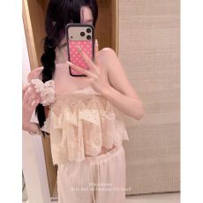 批发白水女 庄园绮梦 双层蕾丝花边抹胸女<b class='q'>春</b>夏韩系纯欲修身短款上衣