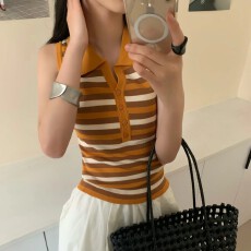 批发韩系轻活风多色撞色条纹针织背心2026夏季冰丝凉感翻领无袖上衣女