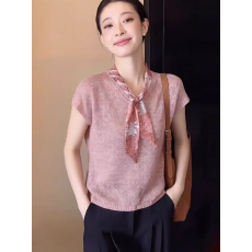 批发粉红色老钱风丝巾装饰V领针织T恤女2026夏季新款温柔减龄精品上衣