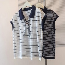 批发外贸出口撤柜夏季polo翻领半开扣丝巾条纹无袖T恤针织<b class='q'>背心</b>女