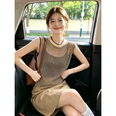 批发独特别致辣妹针织背心<b class='q'>女</b>夏外穿复古时髦宽松显瘦性感镂空无袖上衣