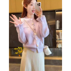 批发不起球 轻奢名媛风门襟花朵圆领毛衣外套女温柔显白针织衫上衣