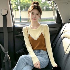 批发2026秋季新款韩系蕾丝拼接长袖针织衫女<b class='q'>显瘦</b>内搭假两件打底衫上衣