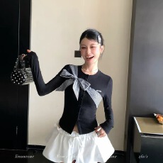 批发LINONEONE lucky女孩 双色格纹蝴蝶结长袖<b class='q'>T</b><b class='q'>恤</b>设计感撞色针织上衣