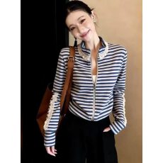 批发少女气质蓝色条纹开衫立领拉链款减龄女2026年春季新款时尚百搭