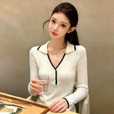 批发撞色边Polo领长袖针织<b class='q'>打底衫</b>女秋季<b class='q'>修身</b>显瘦通勤风V领内搭上衣