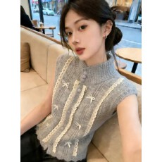 批发2026蝴蝶结蕾丝拼接针织马甲女秋季新款时尚洋气宽松休闲上衣