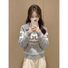 批发法式慵懒黄色雪花纹毛衣半拉链翻领<b class='q'>长袖</b>针织衫女秋季<b class='q'>外</b><b class='q'>搭</b>厚款上衣