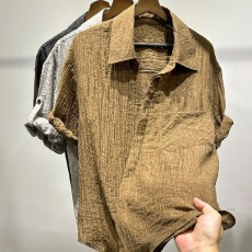 批发<b class='q'>男</b>士轻奢褶皱高级感半袖斜襟套装夏季舒适老钱风提花<b class='q'>休闲</b>