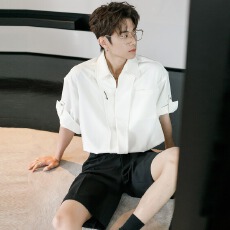 批发韩版高级感<b class='q'>男</b>生痞帅时尚轻奢风短袖<b class='q'>衬衫</b>拼接设计夏季潮流<b class='q'>衬衣</b>套装