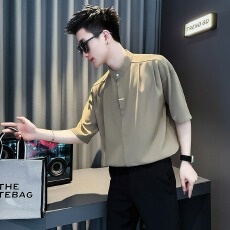 批发雅痞高级感垂感新中式立领短袖<b class='q'>衬衫</b><b class='q'>男</b>夏季薄款冰丝半袖五分袖<b class='q'>衬衣</b>