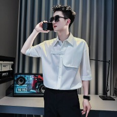 批发夏季薄款凉感<b class='q'>男</b>士痞帅<b class='q'>休闲</b>七分袖<b class='q'>衬衫</b>韩版高级感短袖<b class='q'>衬衣</b>搭配