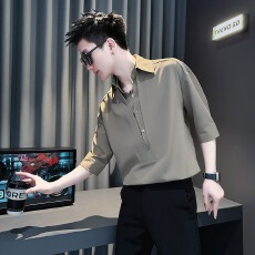 批发<b class='q'>男</b>士短袖<b class='q'>衬衫</b>高级感痞帅<b class='q'>休闲</b>冰丝V领<b class='q'>衬衣</b>新款假两件中袖上衣