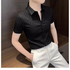 批发高级感白色尖领<b class='q'>衬衫</b><b class='q'>男</b>短袖潮流修身半袖条纹<b class='q'>衬衣</b>时尚<b class='q'>休闲</b>商务上衣