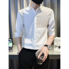 批发设计感拼接<b class='q'>衬衫</b><b class='q'>男</b>短袖<b class='q'>休闲</b>痞帅冰丝<b class='q'>衬衣</b>服<b class='q'>男</b>士夏季翻领五分袖寸衫