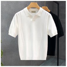批发欧货丝光棉冰丝针织polo衫<b class='q'>男</b>纹理感修身短袖<b class='q'>卫衣</b>领提花t恤潮